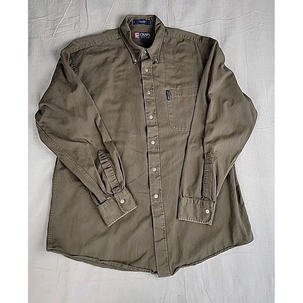 Chaps Ralph Lauren Button Shirt Mens Large Olive Green Cotton Twill USA 90s